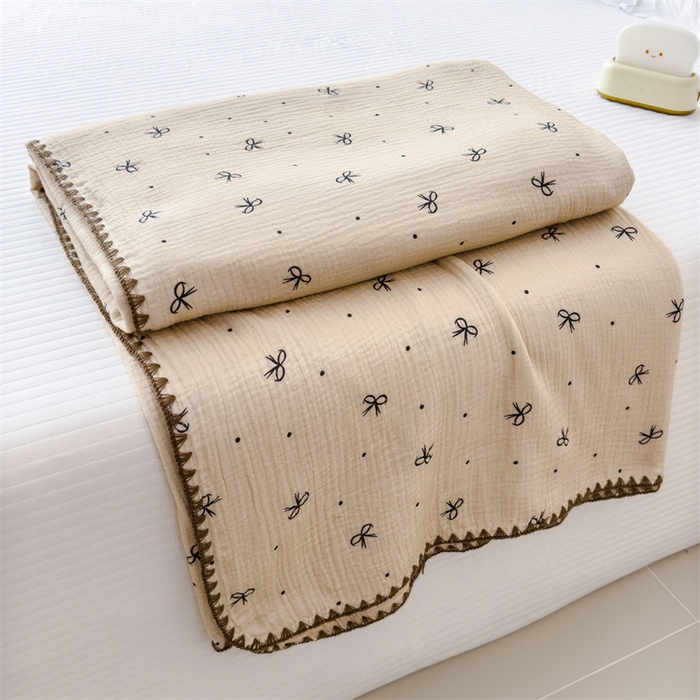 91家纺网 家纺一手货源 找家纺 布凡家居 2026新款全棉纯棉双层纱布毯夏被毯盖毯双层纱浴巾毯 皱皱纱-蝴蝶结