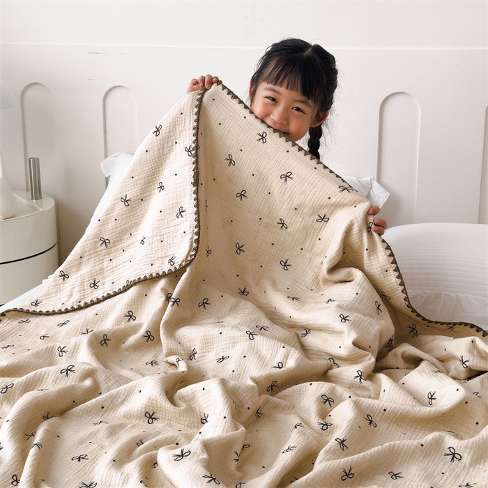 91家纺网 家纺一手货源 找家纺 布凡家居 2026新款全棉纯棉双层纱布毯夏被毯盖毯双层纱浴巾毯 皱皱纱-蝴蝶结