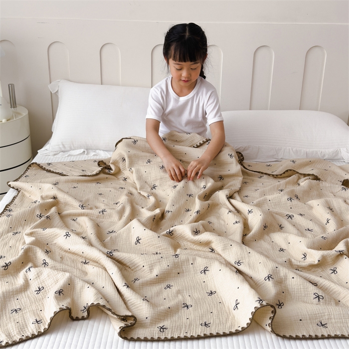91家纺网 家纺一手货源 找家纺 布凡家居 2026新款全棉纯棉双层纱布毯夏被毯盖毯双层纱浴巾毯 皱皱纱-蝴蝶结
