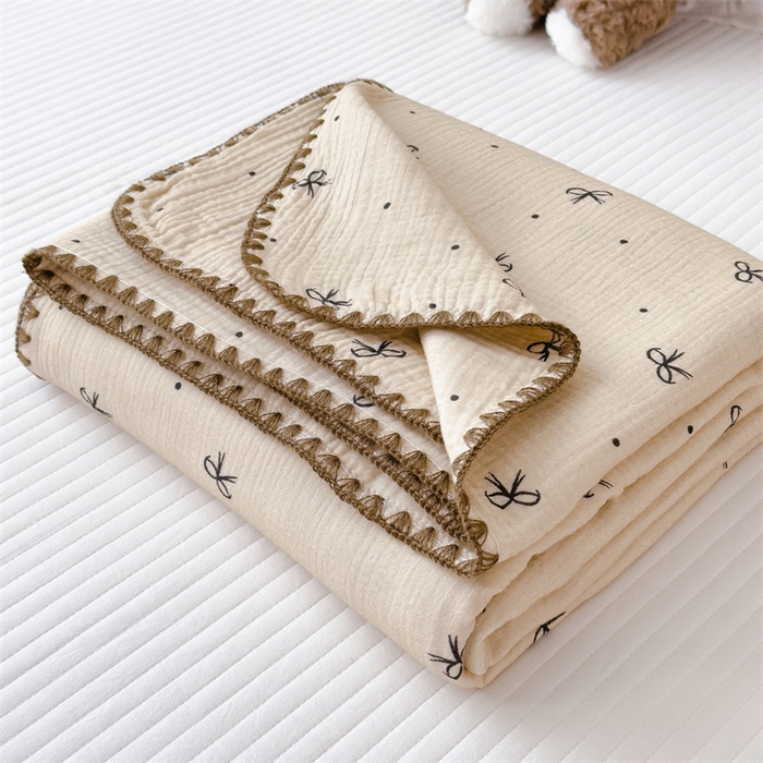 91家纺网 家纺一手货源 找家纺 布凡家居 2026新款全棉纯棉双层纱布毯夏被毯盖毯双层纱浴巾毯 皱皱纱-蝴蝶结