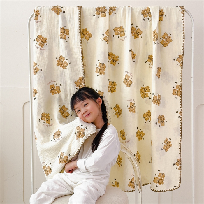 布凡家居 2026新款全棉纯棉双层纱布毯夏被毯盖毯双层纱浴巾毯 皱皱纱-咖啡熊