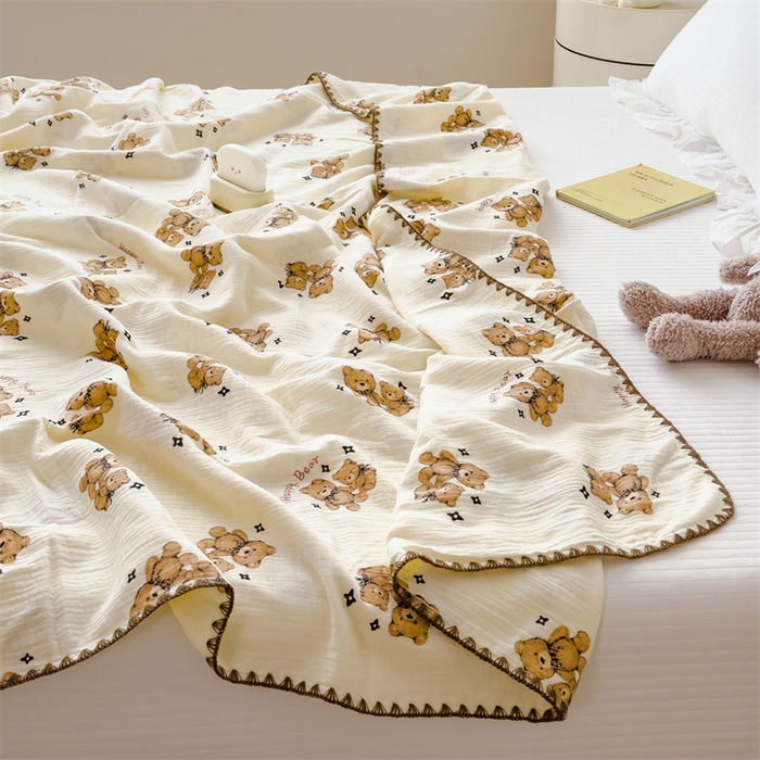 91家纺网 家纺一手货源 找家纺 布凡家居 2026新款全棉纯棉双层纱布毯夏被毯盖毯双层纱浴巾毯 皱皱纱-咖啡熊