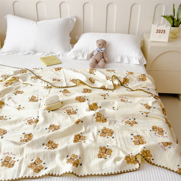 91家纺网 家纺一手货源 找家纺 布凡家居 2026新款全棉纯棉双层纱布毯夏被毯盖毯双层纱浴巾毯 皱皱纱-咖啡熊