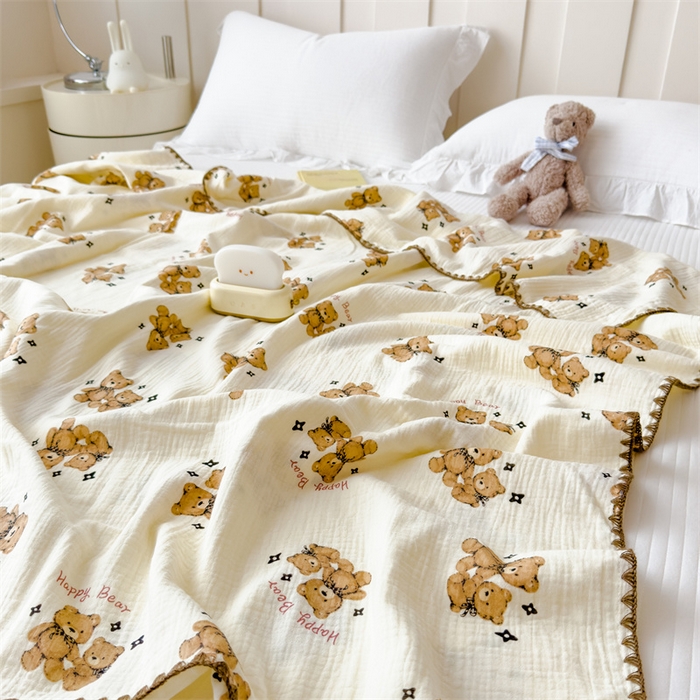 91家纺网 家纺一手货源 找家纺 布凡家居 2026新款全棉纯棉双层纱布毯夏被毯盖毯双层纱浴巾毯 皱皱纱-咖啡熊