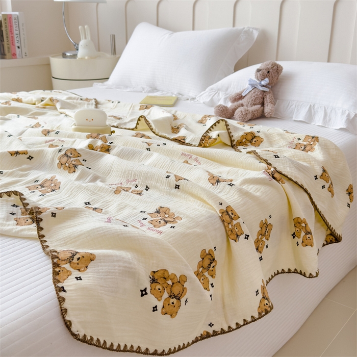 91家纺网 家纺一手货源 找家纺 布凡家居 2026新款全棉纯棉双层纱布毯夏被毯盖毯双层纱浴巾毯 皱皱纱-咖啡熊