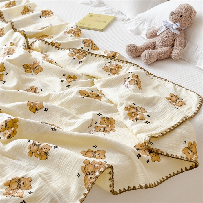 91家纺网 家纺一手货源 找家纺 布凡家居 2026新款全棉纯棉双层纱布毯夏被毯盖毯双层纱浴巾毯 皱皱纱-咖啡熊