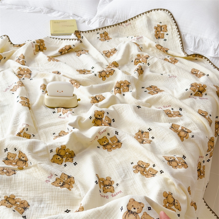 91家纺网 家纺一手货源 找家纺 布凡家居 2026新款全棉纯棉双层纱布毯夏被毯盖毯双层纱浴巾毯 皱皱纱-咖啡熊