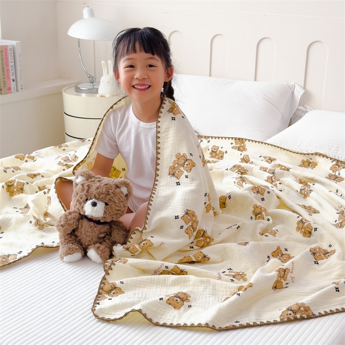 91家纺网 家纺一手货源 找家纺 布凡家居 2026新款全棉纯棉双层纱布毯夏被毯盖毯双层纱浴巾毯 皱皱纱-咖啡熊