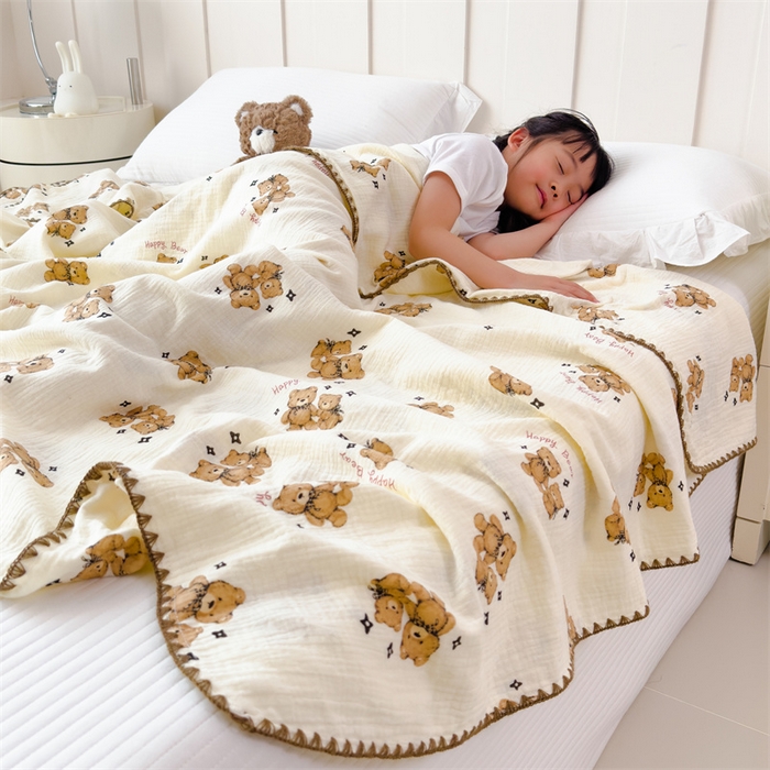 91家纺网 家纺一手货源 找家纺 布凡家居 2026新款全棉纯棉双层纱布毯夏被毯盖毯双层纱浴巾毯 皱皱纱-咖啡熊