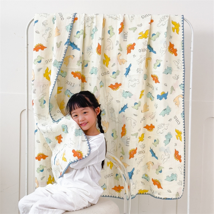 布凡家居 2026新款全棉纯棉双层纱布毯夏被毯盖毯双层纱浴巾毯 皱皱纱-恐龙岛