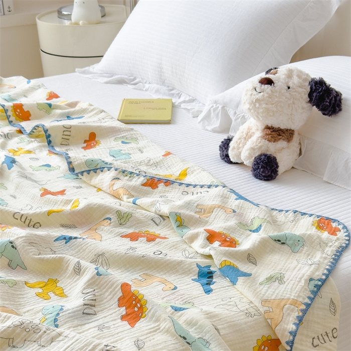 91家纺网 家纺一手货源 找家纺 布凡家居 2026新款全棉纯棉双层纱布毯夏被毯盖毯双层纱浴巾毯 皱皱纱-恐龙岛