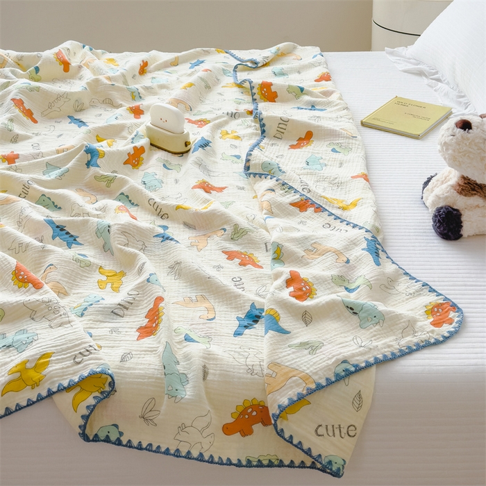 91家纺网 家纺一手货源 找家纺 布凡家居 2026新款全棉纯棉双层纱布毯夏被毯盖毯双层纱浴巾毯 皱皱纱-恐龙岛