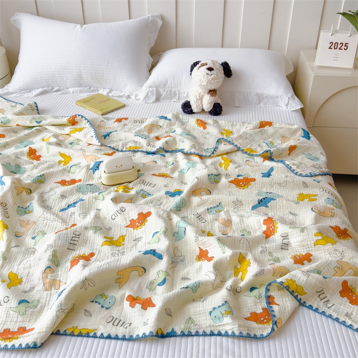 91家纺网 家纺一手货源 找家纺 布凡家居 2026新款全棉纯棉双层纱布毯夏被毯盖毯双层纱浴巾毯 皱皱纱-恐龙岛