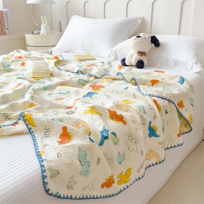 91家纺网 家纺一手货源 找家纺 布凡家居 2026新款全棉纯棉双层纱布毯夏被毯盖毯双层纱浴巾毯 皱皱纱-恐龙岛