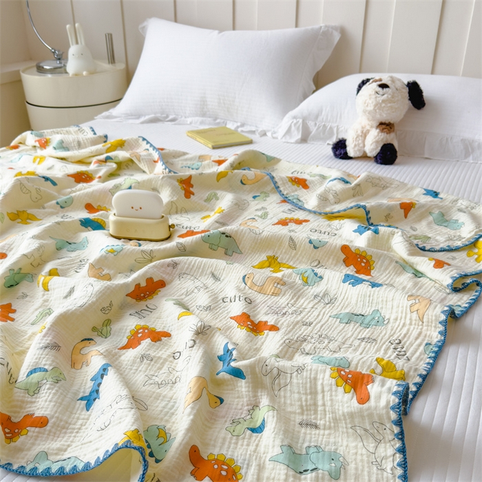 91家纺网 家纺一手货源 找家纺 布凡家居 2026新款全棉纯棉双层纱布毯夏被毯盖毯双层纱浴巾毯 皱皱纱-恐龙岛