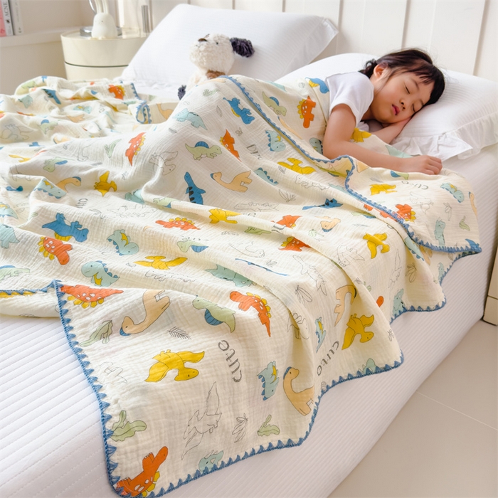 91家纺网 家纺一手货源 找家纺 布凡家居 2026新款全棉纯棉双层纱布毯夏被毯盖毯双层纱浴巾毯 皱皱纱-恐龙岛