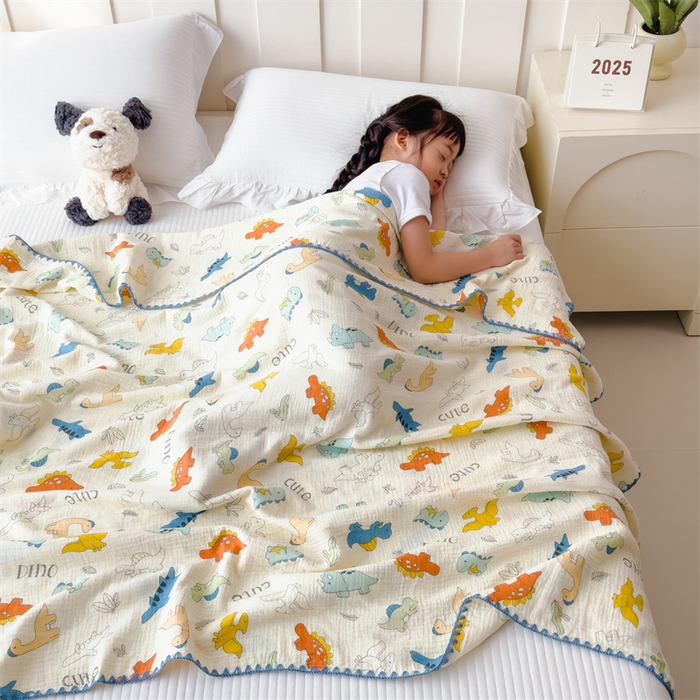 91家纺网 家纺一手货源 找家纺 布凡家居 2026新款全棉纯棉双层纱布毯夏被毯盖毯双层纱浴巾毯 皱皱纱-恐龙岛