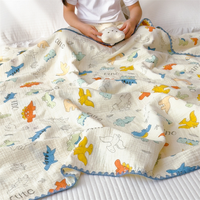 91家纺网 家纺一手货源 找家纺 布凡家居 2026新款全棉纯棉双层纱布毯夏被毯盖毯双层纱浴巾毯 皱皱纱-恐龙岛