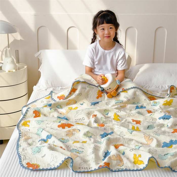 91家纺网 家纺一手货源 找家纺 布凡家居 2026新款全棉纯棉双层纱布毯夏被毯盖毯双层纱浴巾毯 皱皱纱-恐龙岛