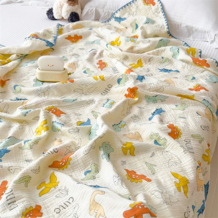 91家纺网 家纺一手货源 找家纺 布凡家居 2026新款全棉纯棉双层纱布毯夏被毯盖毯双层纱浴巾毯 皱皱纱-恐龙岛