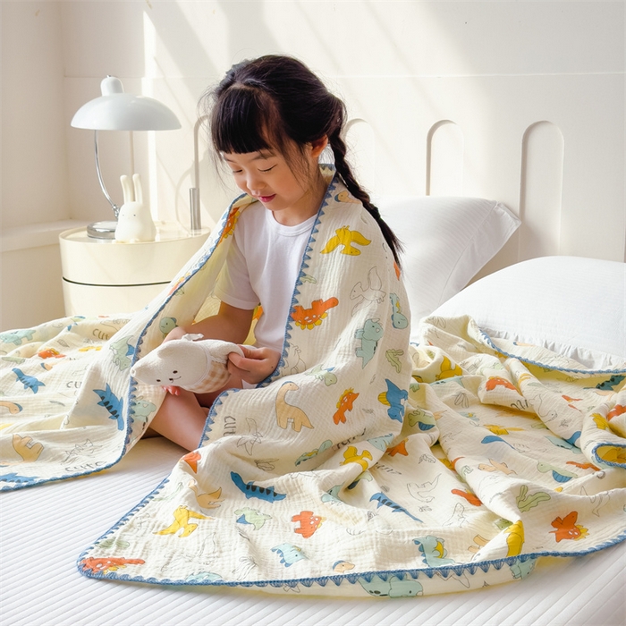 91家纺网 家纺一手货源 找家纺 布凡家居 2026新款全棉纯棉双层纱布毯夏被毯盖毯双层纱浴巾毯 皱皱纱-恐龙岛