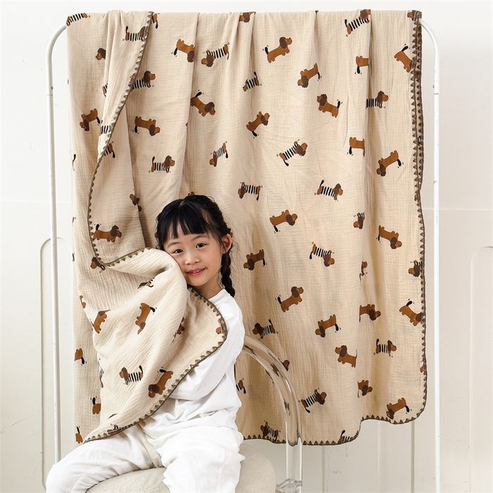 布凡家居 2026新款全棉纯棉双层纱布毯夏被毯盖毯双层纱浴巾毯 皱皱纱-腊肠狗