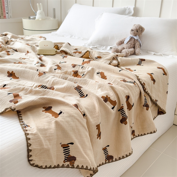 91家纺网 家纺一手货源 找家纺 布凡家居 2026新款全棉纯棉双层纱布毯夏被毯盖毯双层纱浴巾毯 皱皱纱-腊肠狗