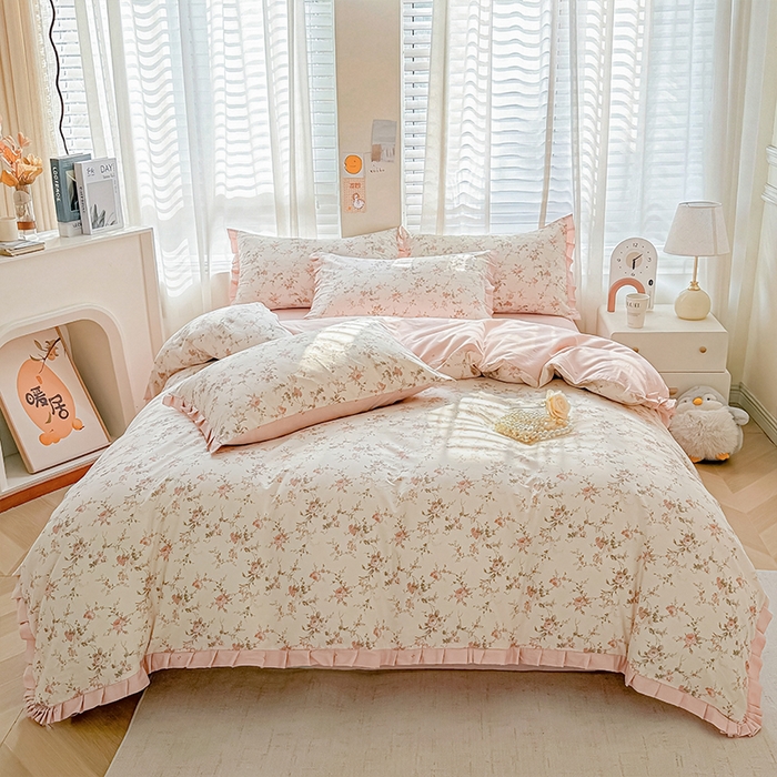 91家纺网 家纺一手货源 找家纺 （总）帛美家纺 2026新款全棉纯棉韩版花边款印花四件套