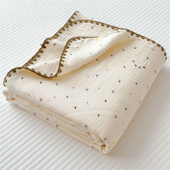 91家纺网 家纺一手货源 找家纺 布凡家居 2026新款全棉纯棉双层纱布毯夏被毯盖毯双层纱浴巾毯 皱皱纱-满天星