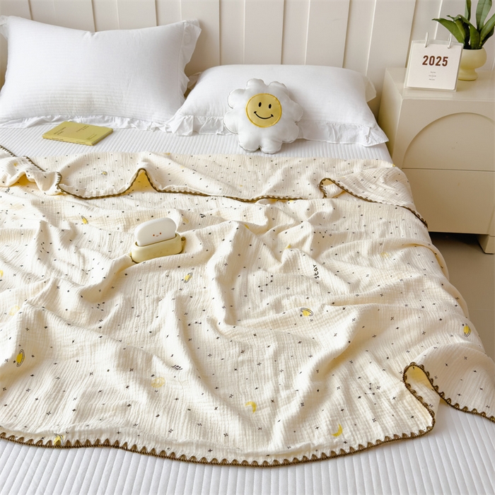 91家纺网 家纺一手货源 找家纺 布凡家居 2026新款全棉纯棉双层纱布毯夏被毯盖毯双层纱浴巾毯 皱皱纱-满天星