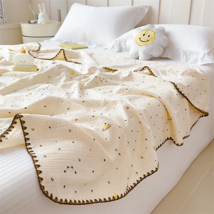 91家纺网 家纺一手货源 找家纺 布凡家居 2026新款全棉纯棉双层纱布毯夏被毯盖毯双层纱浴巾毯 皱皱纱-满天星