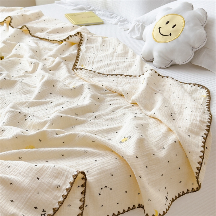 91家纺网 家纺一手货源 找家纺 布凡家居 2026新款全棉纯棉双层纱布毯夏被毯盖毯双层纱浴巾毯 皱皱纱-满天星