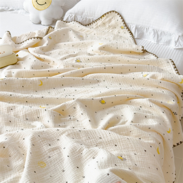 91家纺网 家纺一手货源 找家纺 布凡家居 2026新款全棉纯棉双层纱布毯夏被毯盖毯双层纱浴巾毯 皱皱纱-满天星