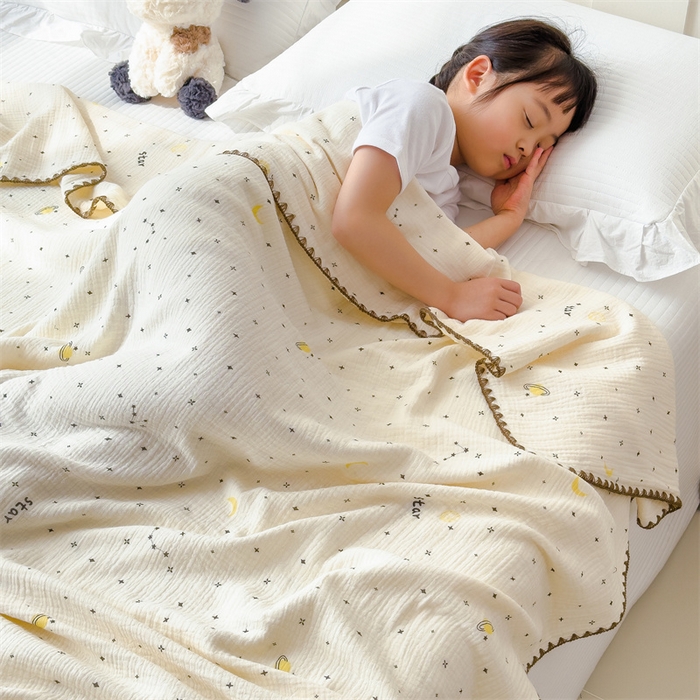 91家纺网 家纺一手货源 找家纺 布凡家居 2026新款全棉纯棉双层纱布毯夏被毯盖毯双层纱浴巾毯 皱皱纱-满天星