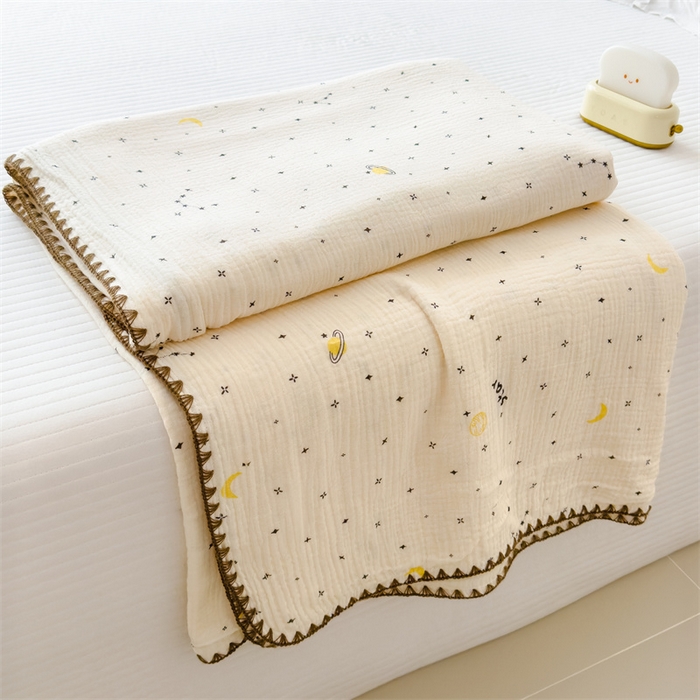 91家纺网 家纺一手货源 找家纺 布凡家居 2026新款全棉纯棉双层纱布毯夏被毯盖毯双层纱浴巾毯 皱皱纱-满天星