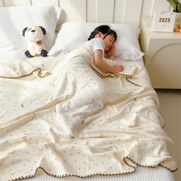 91家纺网 家纺一手货源 找家纺 布凡家居 2026新款全棉纯棉双层纱布毯夏被毯盖毯双层纱浴巾毯 皱皱纱-满天星