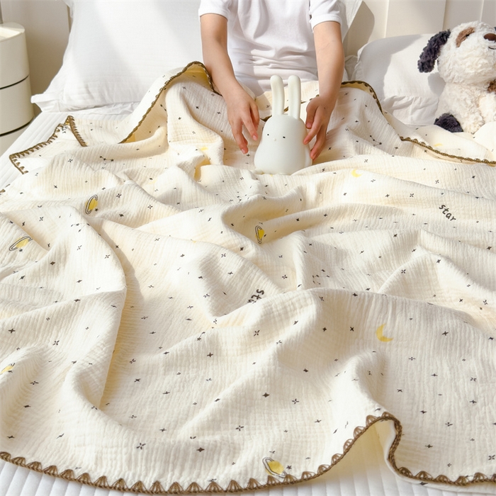 91家纺网 家纺一手货源 找家纺 布凡家居 2026新款全棉纯棉双层纱布毯夏被毯盖毯双层纱浴巾毯 皱皱纱-满天星