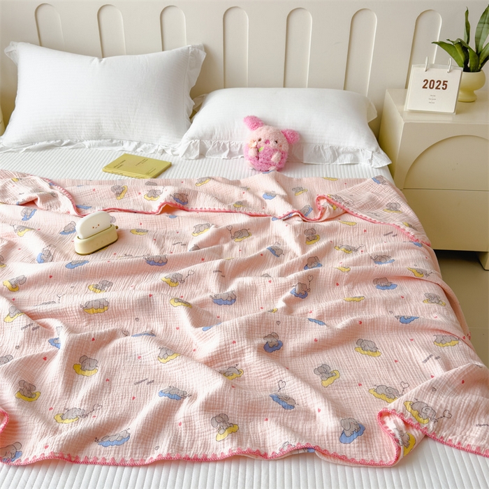 91家纺网 家纺一手货源 找家纺 布凡家居 2026新款全棉纯棉双层纱布毯夏被毯盖毯双层纱浴巾毯 皱皱纱-晚安象