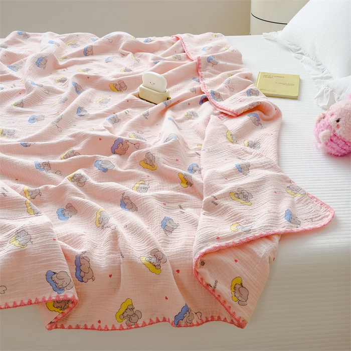 91家纺网 家纺一手货源 找家纺 布凡家居 2026新款全棉纯棉双层纱布毯夏被毯盖毯双层纱浴巾毯 皱皱纱-晚安象