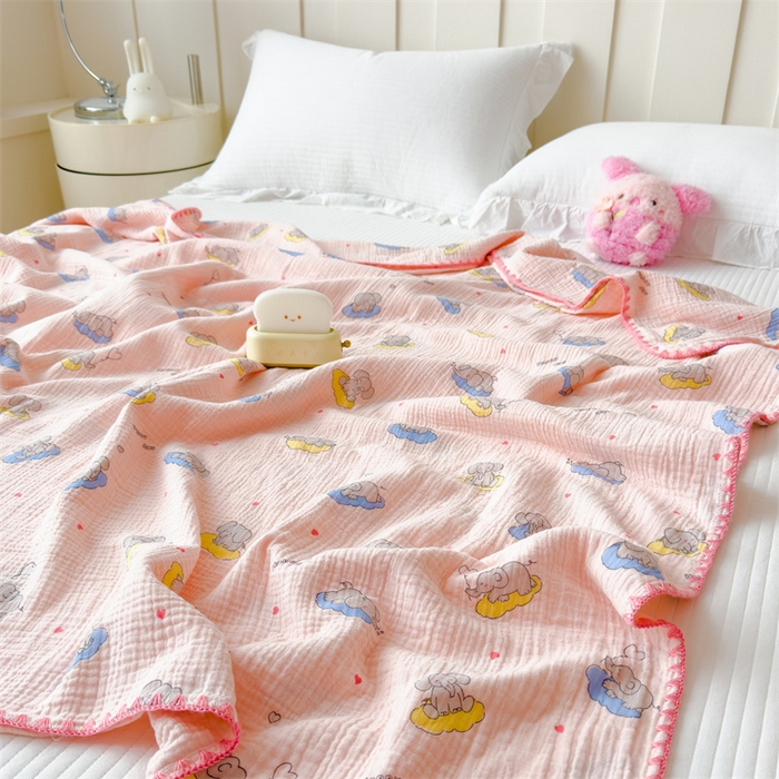 91家纺网 家纺一手货源 找家纺 布凡家居 2026新款全棉纯棉双层纱布毯夏被毯盖毯双层纱浴巾毯 皱皱纱-晚安象