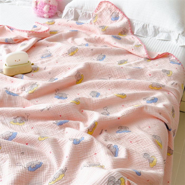 91家纺网 家纺一手货源 找家纺 布凡家居 2026新款全棉纯棉双层纱布毯夏被毯盖毯双层纱浴巾毯 皱皱纱-晚安象