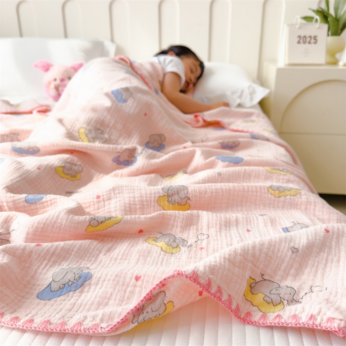 91家纺网 家纺一手货源 找家纺 布凡家居 2026新款全棉纯棉双层纱布毯夏被毯盖毯双层纱浴巾毯 皱皱纱-晚安象