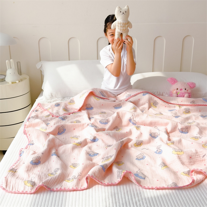 91家纺网 家纺一手货源 找家纺 布凡家居 2026新款全棉纯棉双层纱布毯夏被毯盖毯双层纱浴巾毯 皱皱纱-晚安象