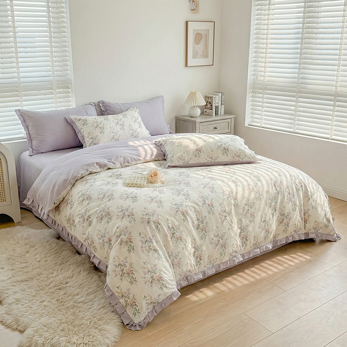 91家纺网 家纺一手货源 找家纺 （总）帛美家纺 2026新款全棉纯棉韩版花边款印花四件套