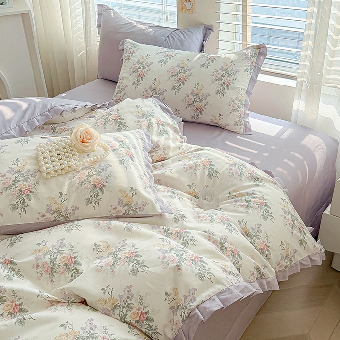 91家纺网 家纺一手货源 找家纺 （总）帛美家纺 2026新款全棉纯棉韩版花边款印花四件套