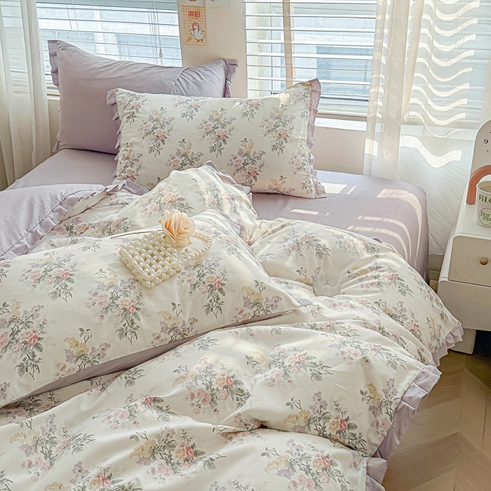 91家纺网 家纺一手货源 找家纺 （总）帛美家纺 2026新款全棉纯棉韩版花边款印花四件套