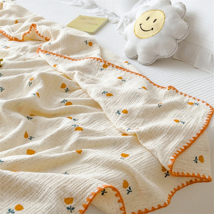 91家纺网 家纺一手货源 找家纺 布凡家居 2026新款全棉纯棉双层纱布毯夏被毯盖毯双层纱浴巾毯 皱皱纱-小花花