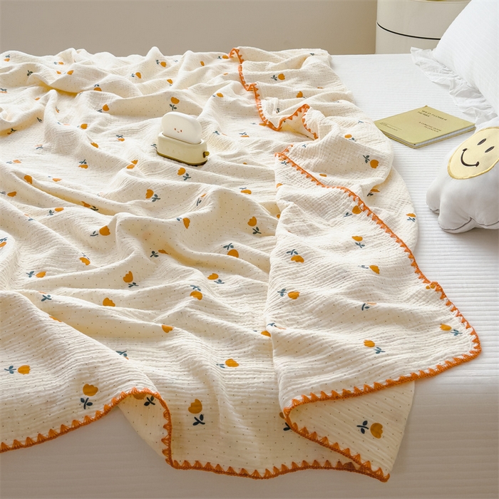 91家纺网 家纺一手货源 找家纺 布凡家居 2026新款全棉纯棉双层纱布毯夏被毯盖毯双层纱浴巾毯 皱皱纱-小花花