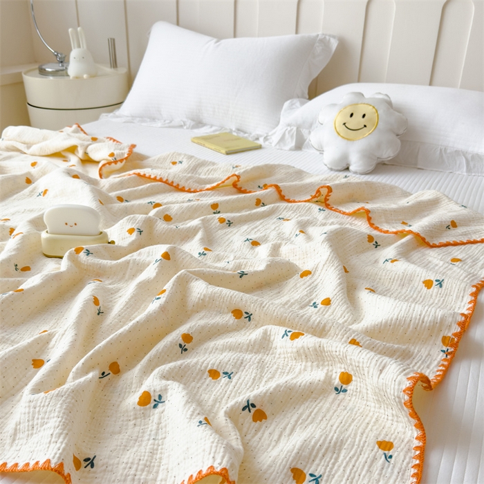 91家纺网 家纺一手货源 找家纺 布凡家居 2026新款全棉纯棉双层纱布毯夏被毯盖毯双层纱浴巾毯 皱皱纱-小花花