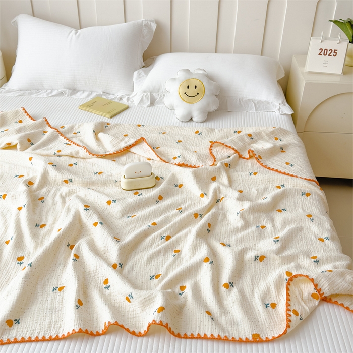 91家纺网 家纺一手货源 找家纺 布凡家居 2026新款全棉纯棉双层纱布毯夏被毯盖毯双层纱浴巾毯 皱皱纱-小花花